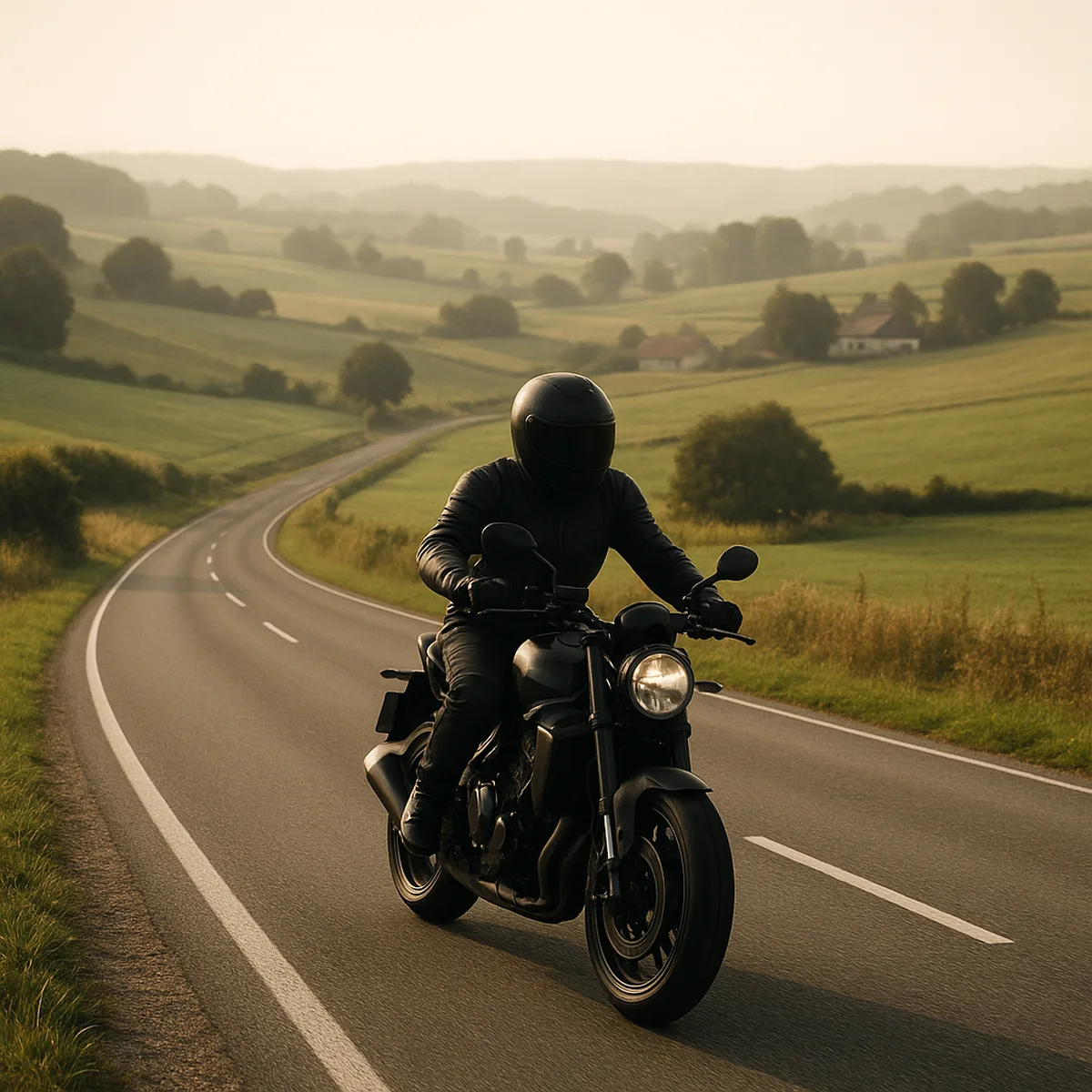 Motorrad auf einer kurvigen Landstraße im Hügelland